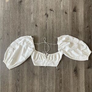 Zara White Puff Sleeve Crop Blouse with Tie Front